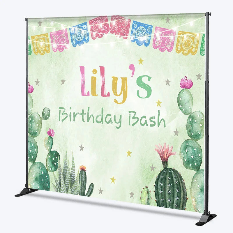 Lofaris Custom Birthday Backdrop with Colorful Papel Picado Banners Desert Cacti and Stars Theme for Party