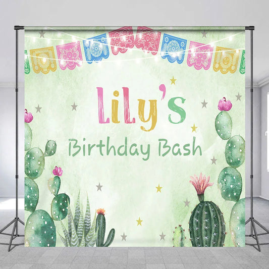 Lofaris Custom Birthday Backdrop with Colorful Papel Picado Banners Desert Cacti and Stars Theme for Party