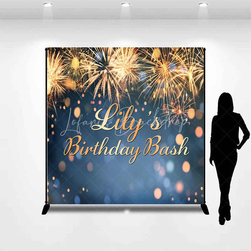 Lofaris Custom Birthday Backdrop with Golden Fireworks and Bokeh Lights Personalized Celebration Party Decor