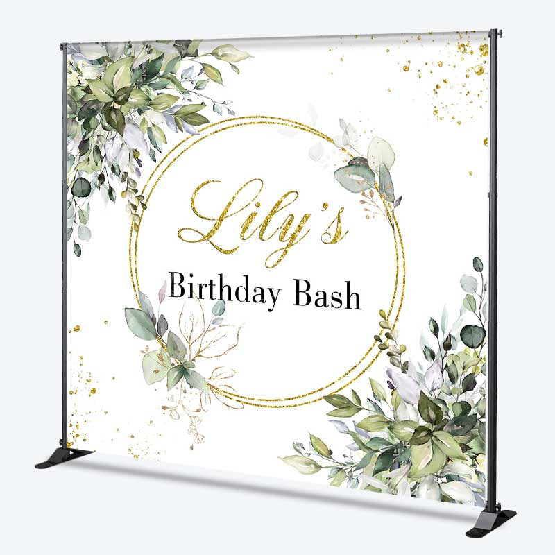 Lofaris Custom Birthday Bash Backdrop Elegant Gold and Greenery Wreath Personalized Eucalyptus Leaves Photo Prop Decor