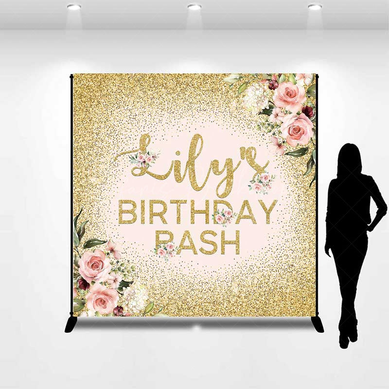 Lofaris Custom Birthday Bash Backdrop for Her Elegant Pink and Gold Glitter Floral Personalized Welcome Party Photo Prop
