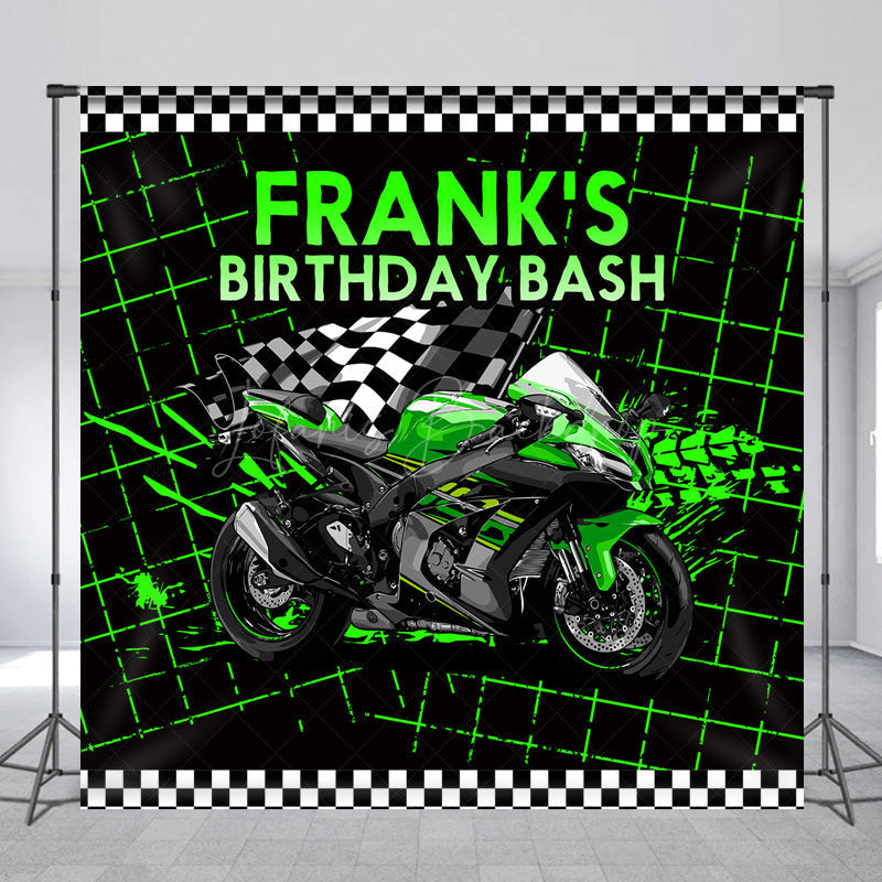 Lofaris Custom Birthday Bash Backdrop for Him Green Racing Motorcycle and Checkered Flag Biker Themed Party Decor