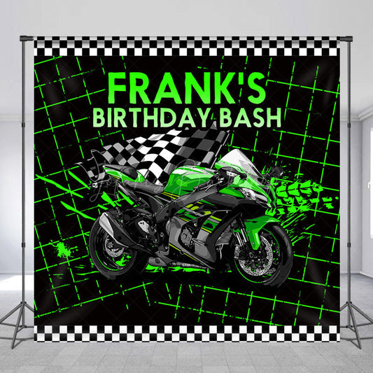 Lofaris Custom Birthday Bash Backdrop for Him Green Racing Motorcycle and Checkered Flag Biker Themed Party Decor
