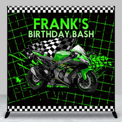 Lofaris Custom Birthday Bash Backdrop for Him Green Racing Motorcycle and Checkered Flag Biker Themed Party Decor