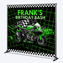Lofaris Custom Birthday Bash Backdrop for Him Green Racing Motorcycle and Checkered Flag Biker Themed Party Decor