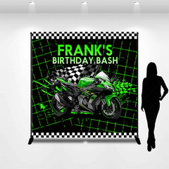 Lofaris Custom Birthday Bash Backdrop for Him Green Racing Motorcycle and Checkered Flag Biker Themed Party Decor