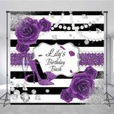 Lofaris Custom Birthday Bash Backdrop Purple High Heels and Roses Banner Black White Stripes with Diamonds Decor
