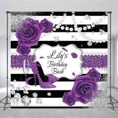 Lofaris Custom Birthday Bash Backdrop Purple High Heels and Roses Banner Black White Stripes with Diamonds Decor