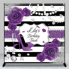 Lofaris Custom Birthday Bash Backdrop Purple High Heels and Roses Banner Black White Stripes with Diamonds Decor