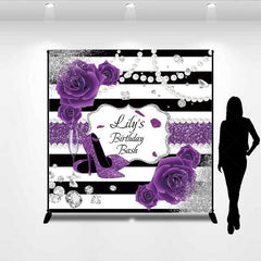 Lofaris Custom Birthday Bash Backdrop Purple High Heels and Roses Banner Black White Stripes with Diamonds Decor
