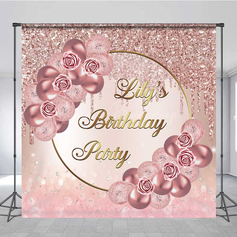 Lofaris Custom Birthday Party Backdrop Elegant Rose Gold Balloons and Glitter Personalized Sweet 16 Photo Prop Banner