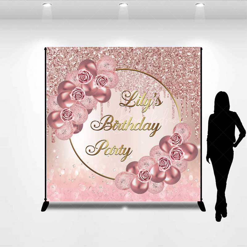 Lofaris Custom Birthday Party Backdrop Elegant Rose Gold Balloons and Glitter Personalized Sweet 16 Photo Prop Banner