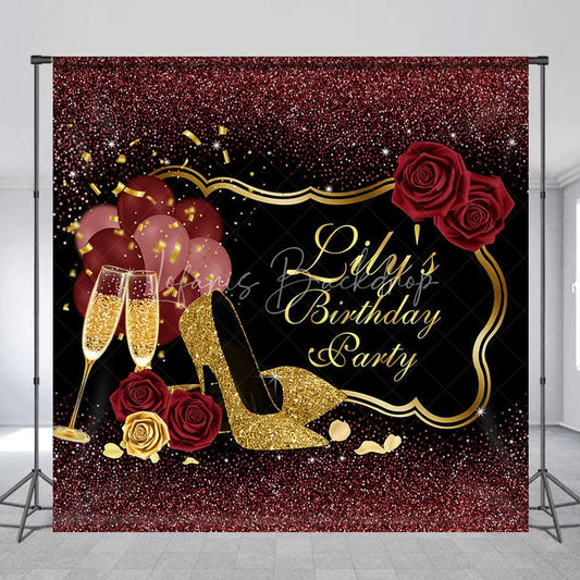 Lofaris Custom Black and Gold Glitter Birthday Party Backdrop with Elegant High Heels Champagne Roses