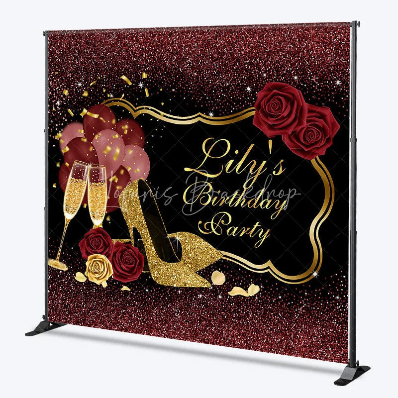 Lofaris Custom Black and Gold Glitter Birthday Party Backdrop with Elegant High Heels Champagne Roses