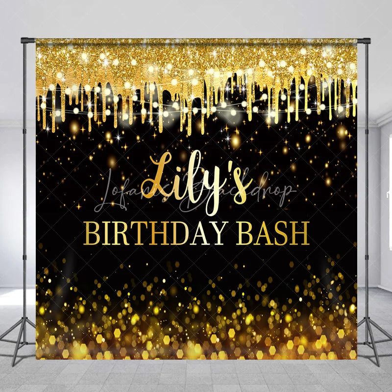 Lofaris Custom Black and Gold Glitter Drips Birthday Bash Backdrop with String Lights Bokeh Effect