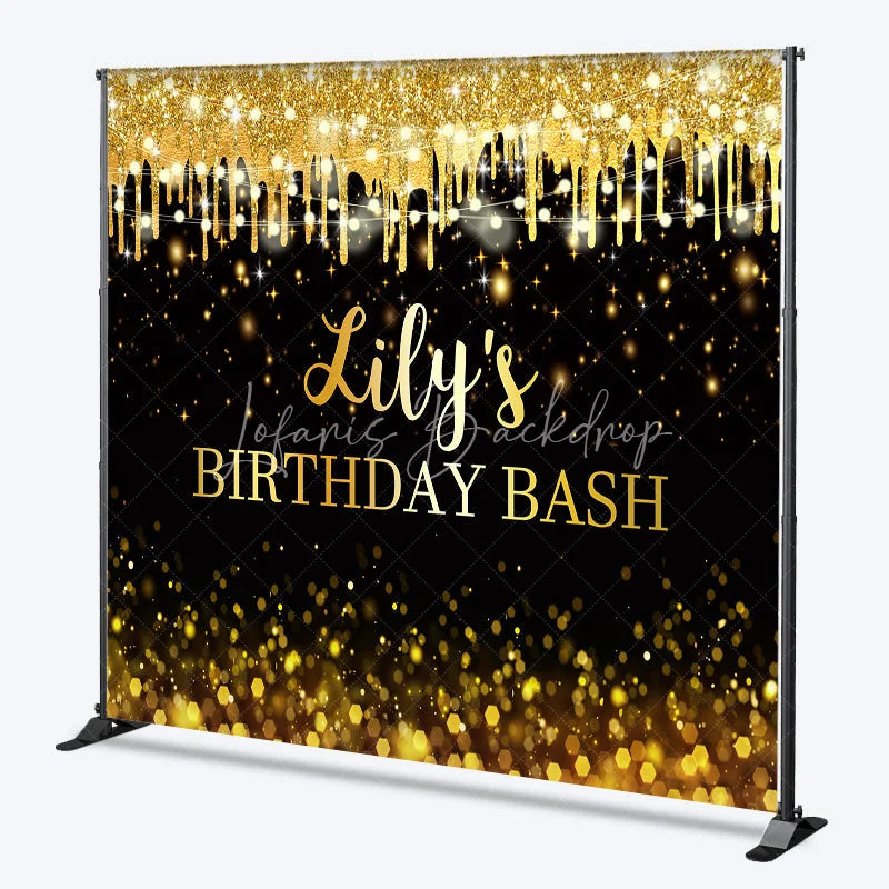 Lofaris Custom Black and Gold Glitter Drips Birthday Bash Backdrop with String Lights Bokeh Effect