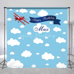 Lofaris Custom Blue Sky and Clouds Biplane Happy Birthday Backdrop Personalized Name Party Decor