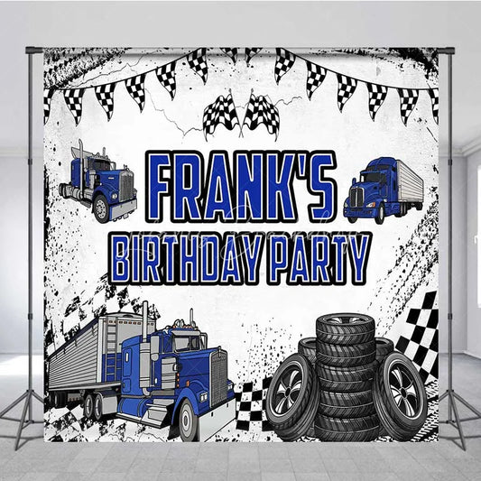 Lofaris Custom Blue Truck Birthday Backdrop Semi Trailer Tire Track Photography Background