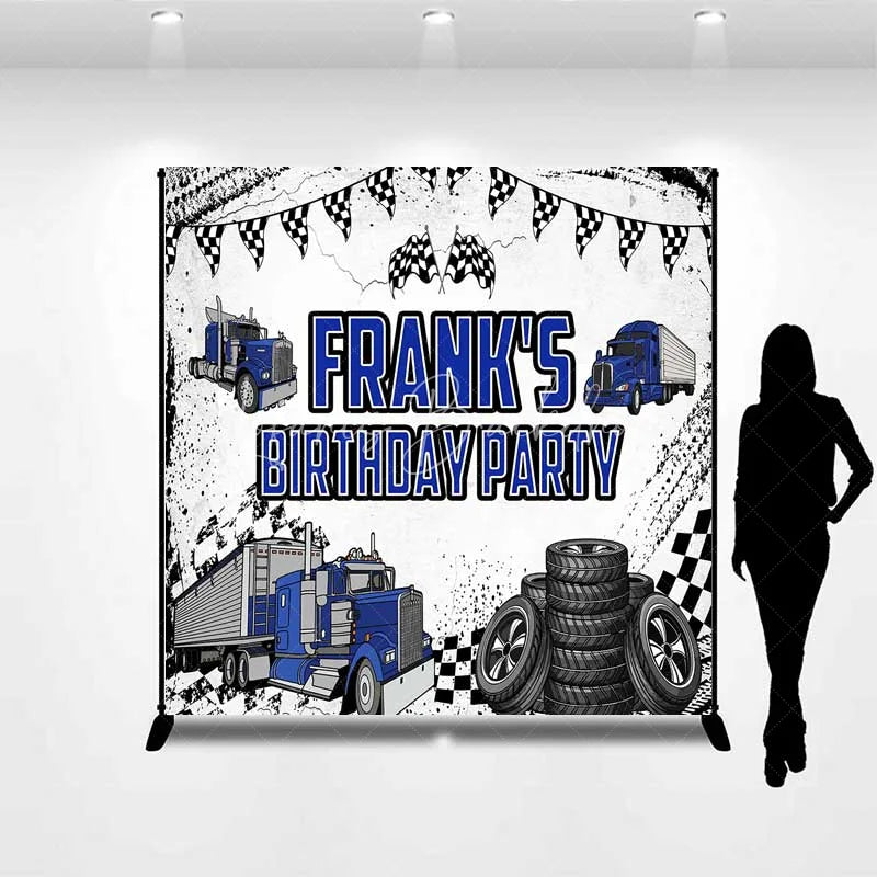 Lofaris Custom Blue Truck Birthday Backdrop Semi Trailer Tire Track Photography Background