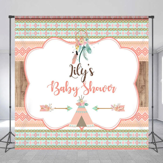 Lofaris Custom Boho Tribal Baby Shower Backdrop featuring Peach Mint Green and Gold Patterns Dreamcatcher Teepee Design