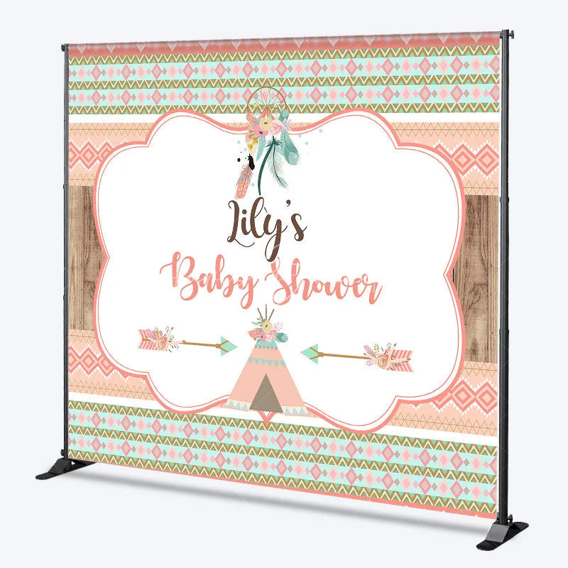 Lofaris Custom Boho Tribal Baby Shower Backdrop featuring Peach Mint Green and Gold Patterns Dreamcatcher Teepee Design