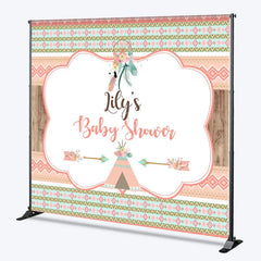 Lofaris Custom Boho Tribal Baby Shower Backdrop featuring Peach Mint Green and Gold Patterns Dreamcatcher Teepee Design