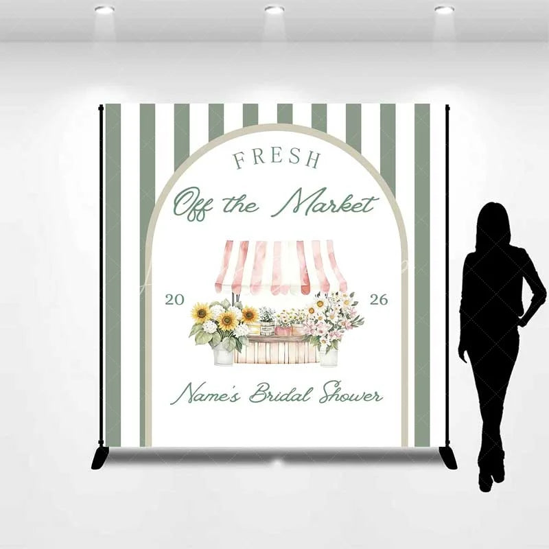 Lofaris Custom Bridal Shower Backdrop Fresh Flower Market Stand Sage Green Stripes Personalized Background