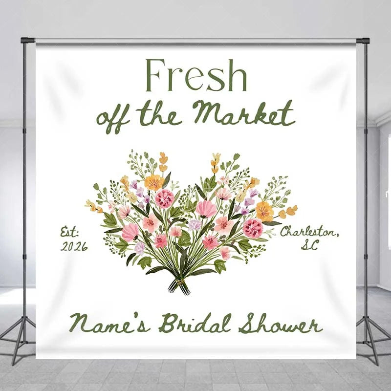 Lofaris Custom Bridal Shower Backdrop Fresh Off The Market Floral Heart White Minimalist Personalized Background