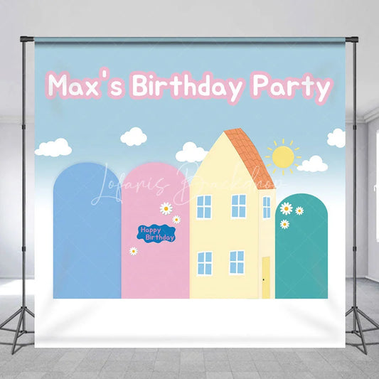 Lofaris Custom Cartoon House Birthday Backdrop Blue Pink Arches Sunny Hill Background Personalized Name Kids Party Decoration