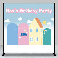 Lofaris Custom Cartoon House Birthday Backdrop Blue Pink Arches Sunny Hill Background Personalized Name Kids Party Decoration