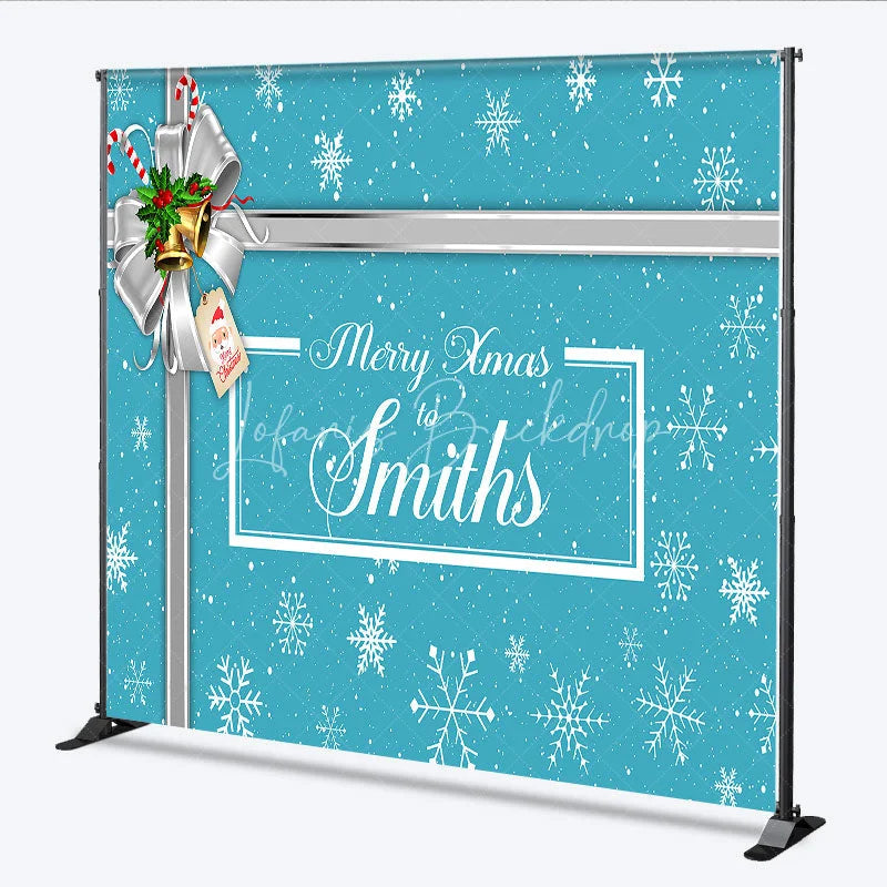 Lofaris Custom Christmas Backdrop Blue Snowflake Gift Box Design Silver Ribbon Jingle Bells Holiday Decor