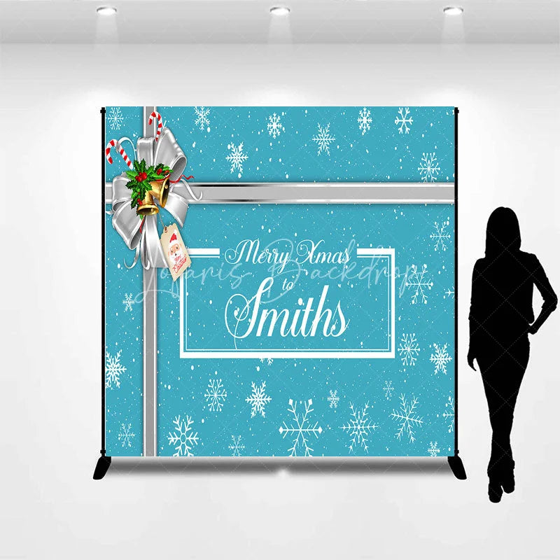 Lofaris Custom Christmas Backdrop Blue Snowflake Gift Box Design Silver Ribbon Jingle Bells Holiday Decor