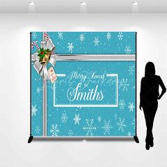 Lofaris Custom Christmas Backdrop Blue Snowflake Gift Box Design Silver Ribbon Jingle Bells Holiday Decor