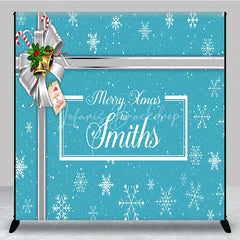 Lofaris Custom Christmas Backdrop Blue Snowflake Gift Box Design Silver Ribbon Jingle Bells Holiday Decor