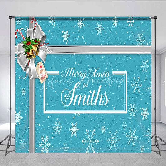 Lofaris Custom Christmas Backdrop Blue Snowflake Gift Box Design Silver Ribbon Jingle Bells Holiday Decor