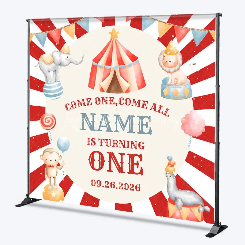 Lofaris Custom Circus Birthday Backdrop Red Striped Tent Animals Background Personalized Name Carnival Party Decoration