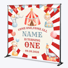 Lofaris Custom Circus Birthday Backdrop Red Striped Tent Animals Background Personalized Name Carnival Party Decoration