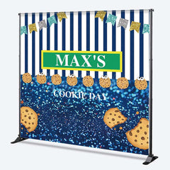 Lofaris Custom Cookie Day Birthday Party Backdrop Blue and White Stripes with Bunting Fun Monster Themed Photo Prop Decor