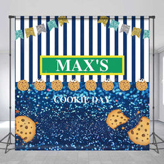 Lofaris Custom Cookie Day Birthday Party Backdrop Blue and White Stripes with Bunting Fun Monster Themed Photo Prop Decor