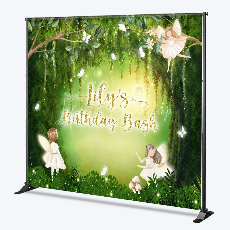 Lofaris Custom Fairy Forest Birthday Backdrop with Green Trees Butterflies and Glitter Lights Personalized Party Decor