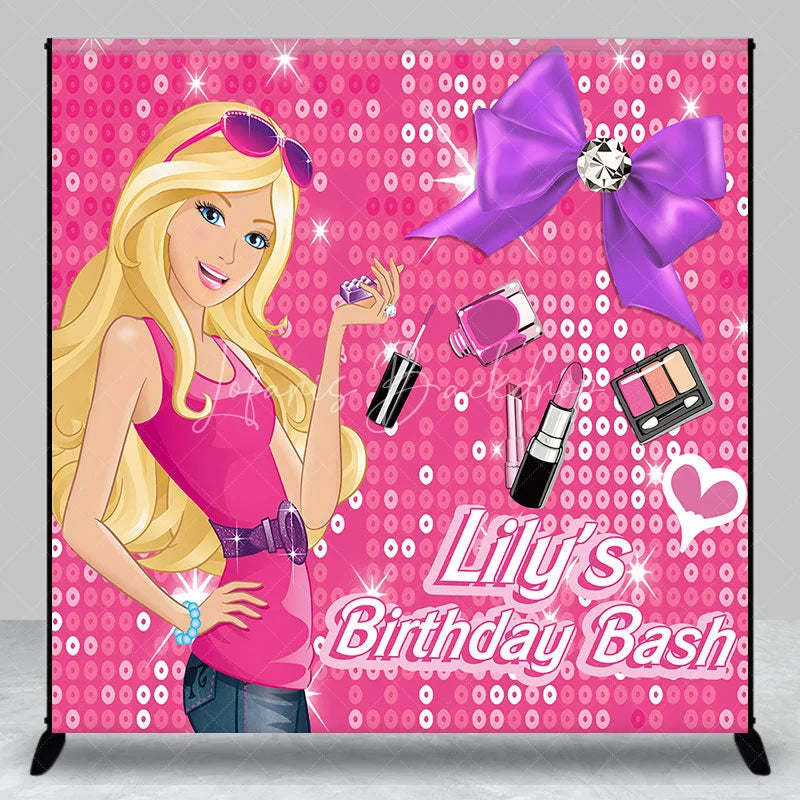 Lofaris Custom Fashion Doll Birthday Backdrop Hot Pink Sequins Makeup Bow Background Personalized Name Spa Party Decoration
