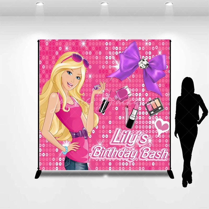 Lofaris Custom Fashion Doll Birthday Backdrop Hot Pink Sequins Makeup Bow Background Personalized Name Spa Party Decoration