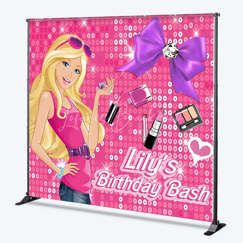Lofaris Custom Fashion Doll Birthday Backdrop Hot Pink Sequins Makeup Bow Background Personalized Name Spa Party Decoration