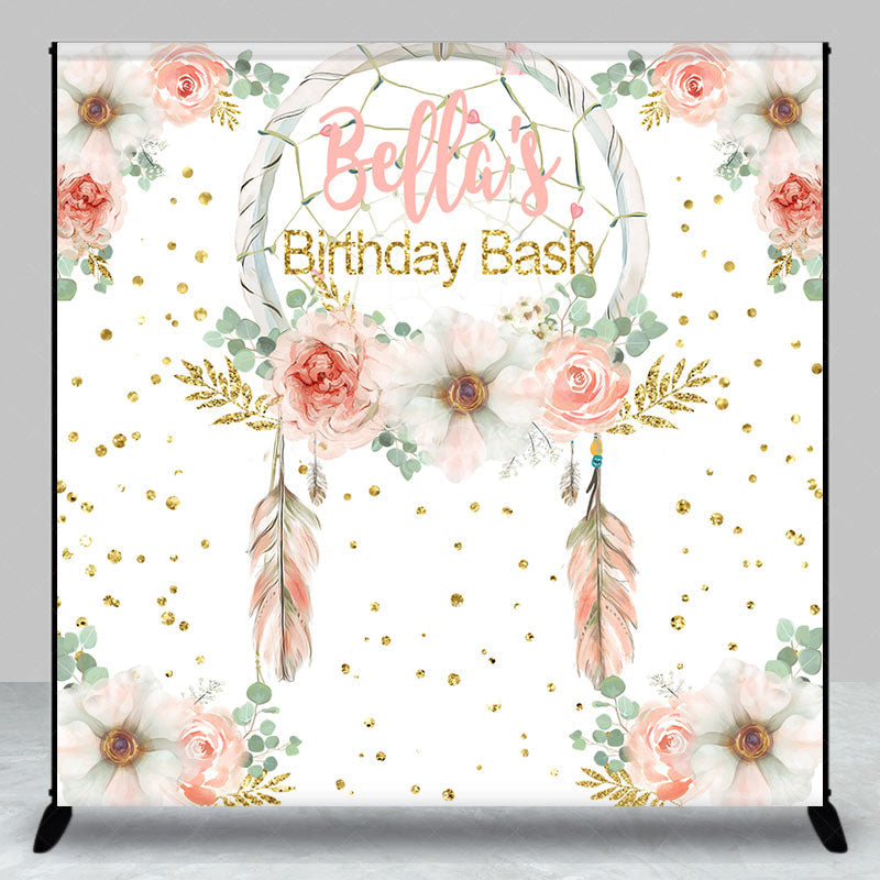 Lofaris Custom Feather Floral Gold Glitter Birthday Backdrop