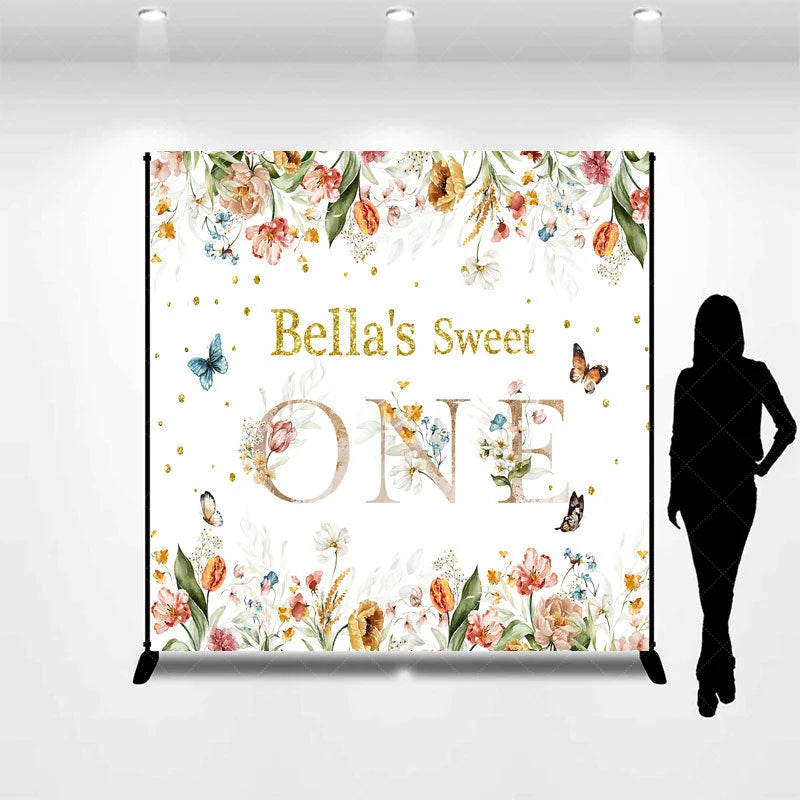 Lofaris Custom Floral Sweet One Birthday Backdrop with Glitter Text and Butterflies for Baby Girl First Party