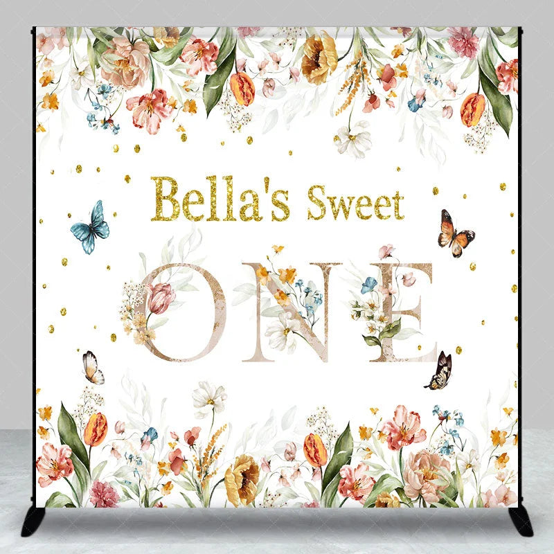 Lofaris Custom Floral Sweet One Birthday Backdrop with Glitter Text and Butterflies for Baby Girl First Party