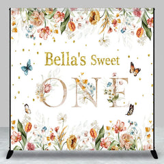 Lofaris Custom Floral Sweet One Birthday Backdrop with Glitter Text and Butterflies for Baby Girl First Party