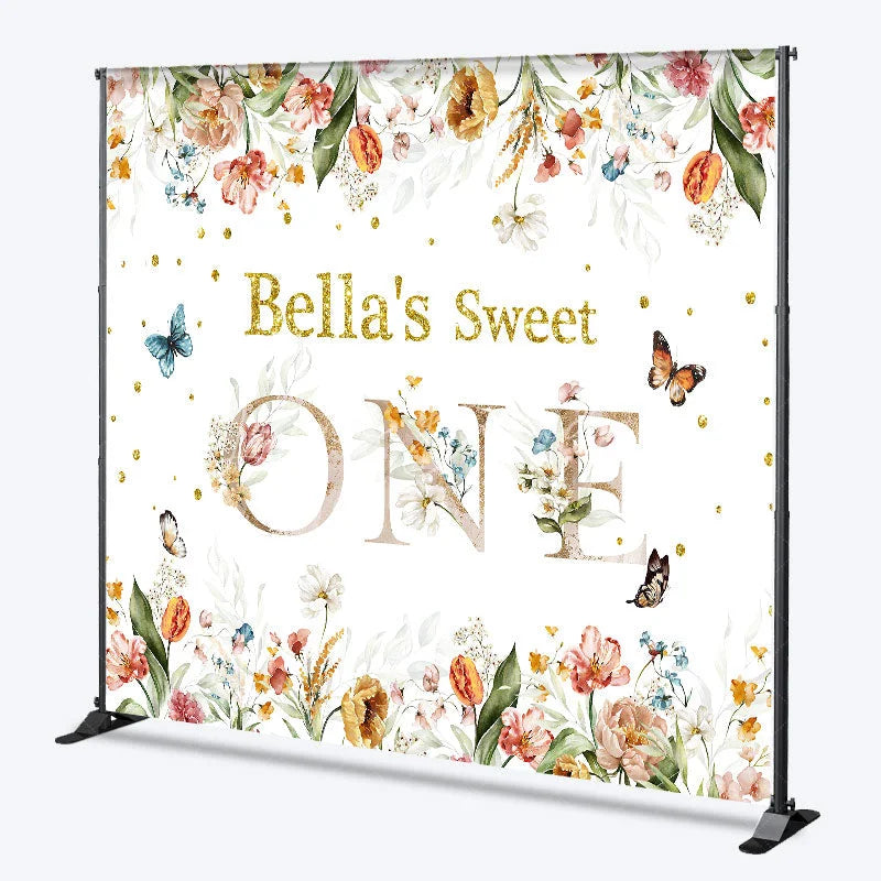 Lofaris Custom Floral Sweet One Birthday Backdrop with Glitter Text and Butterflies for Baby Girl First Party