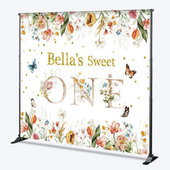 Lofaris Custom Floral Sweet One Birthday Backdrop with Glitter Text and Butterflies for Baby Girl First Party