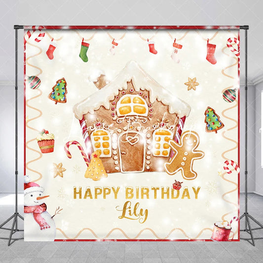 Lofaris Custom Gingerbread House and Snowman Happy Birthday Backdrop with Candy Canes Winter Christmas Party Decor